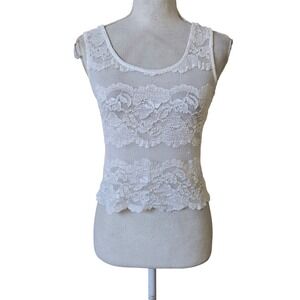 Vtg y2K Sz‎ L White Ivory Lace Tank Top Sleeveless Sheer Layering Basic Feminine